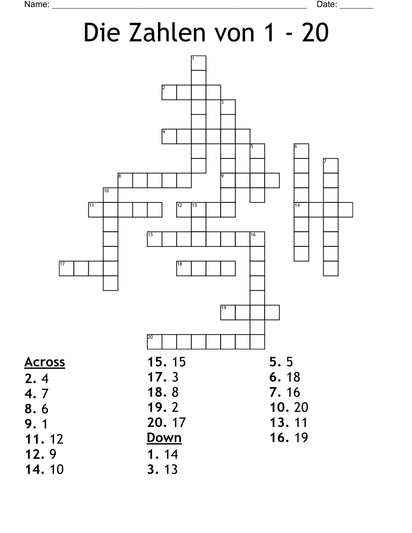 Die Zahlen von 1 - 20 Crossword