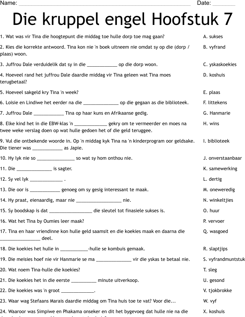 Die kruppel engel Hoofstuk 7 Worksheet