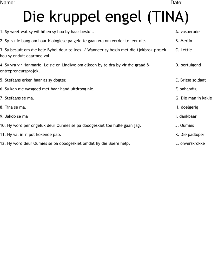 Die kruppel engel (TINA) Worksheet