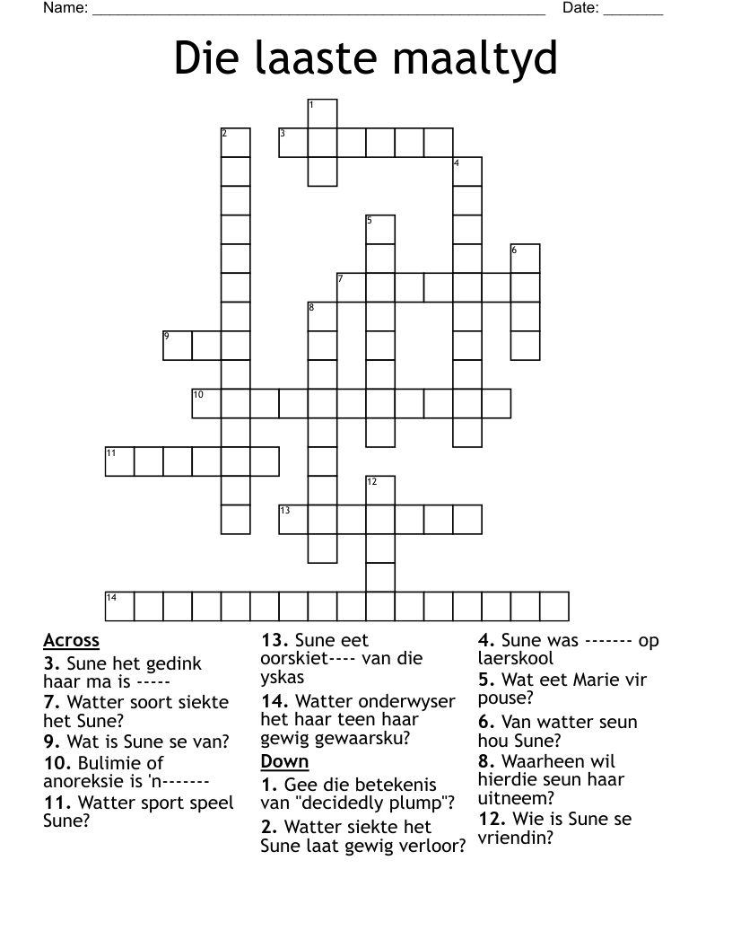 Die laaste maaltyd Crossword