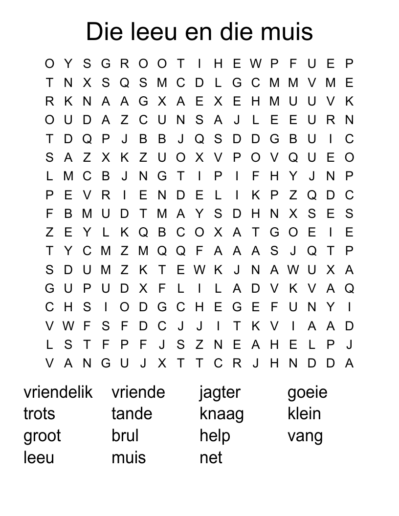 Die leeu en die muis Word Search