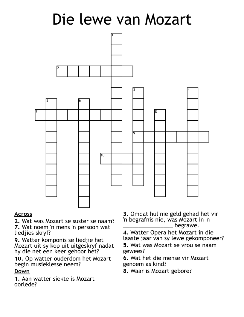 Die lewe van Mozart Crossword