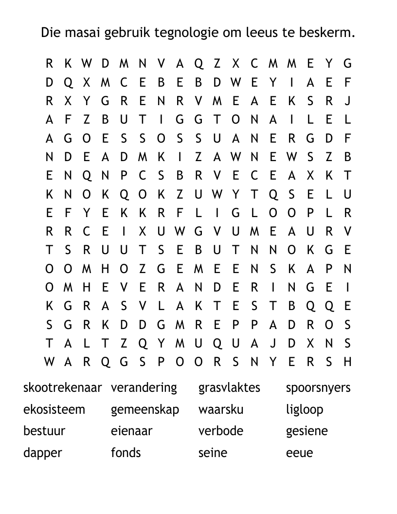 Die masai gebruik tegnologie om leeus te beskerm. Word Search