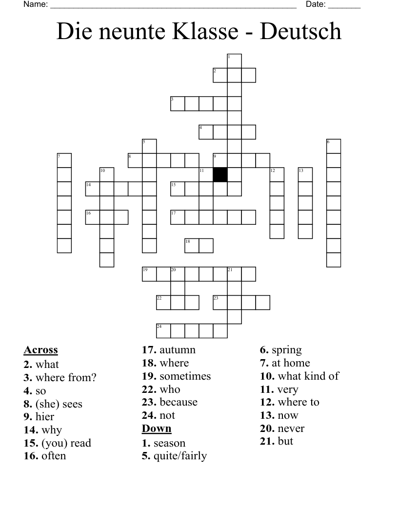 Die neunte Klasse - Deutsch Crossword