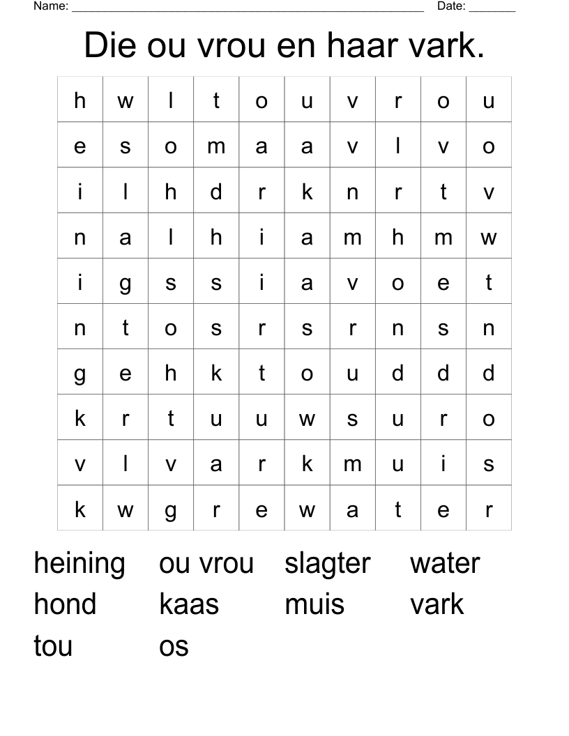 Die ou vrou en haar vark. Word Search
