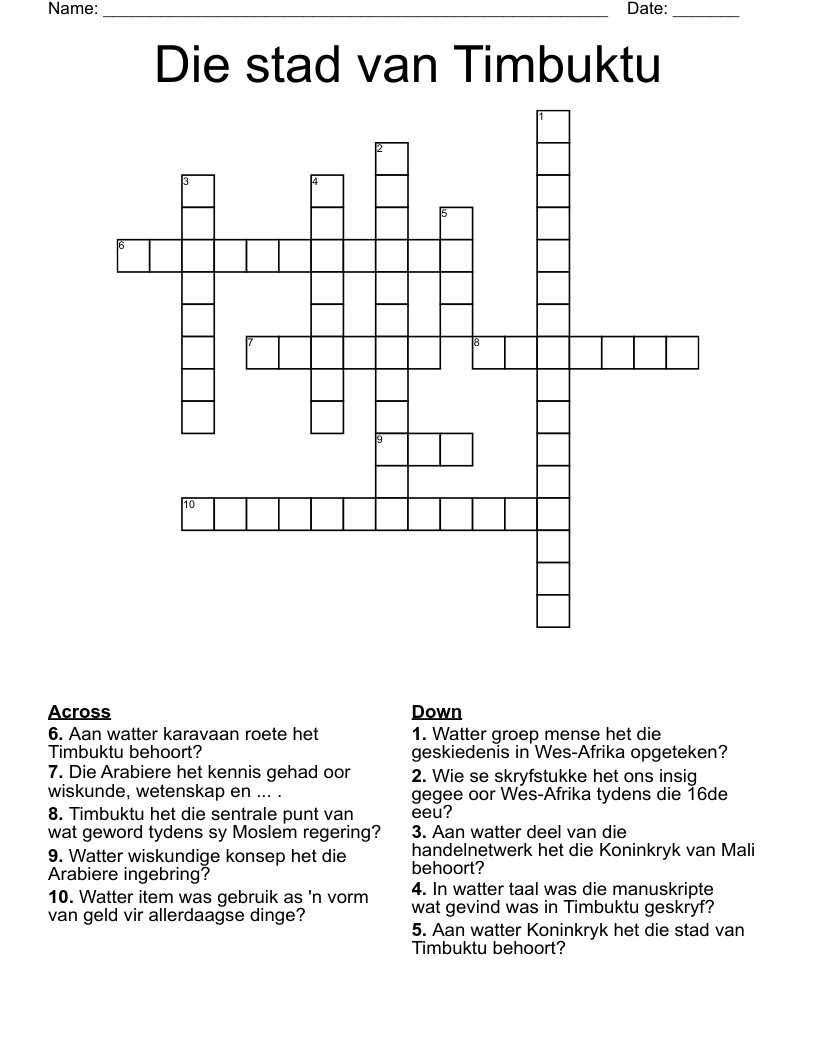 Die stad van Timbuktu Crossword