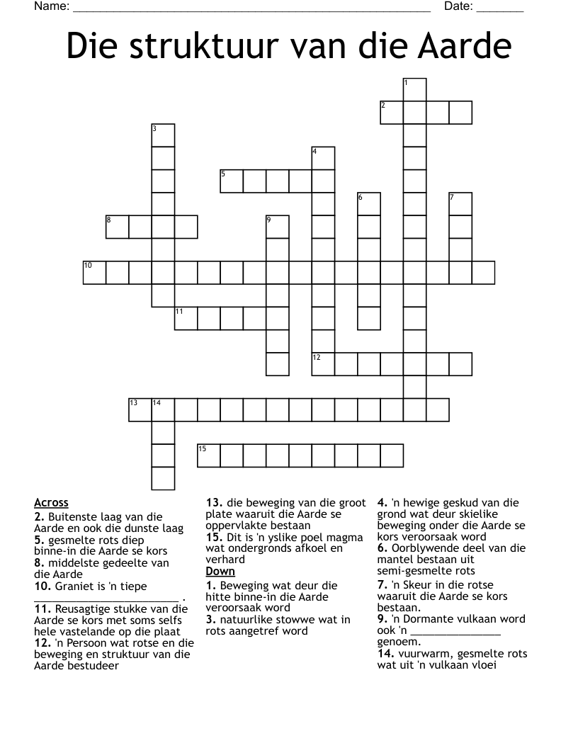 Die struktuur van die Aarde Crossword