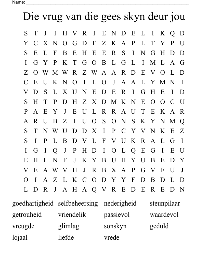 Die vrug van die gees skyn deur jou  Word Search