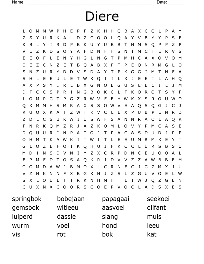 Diere Word Search