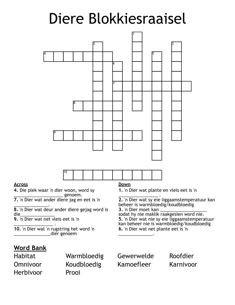 Diere Blokkiesraaisel Crossword