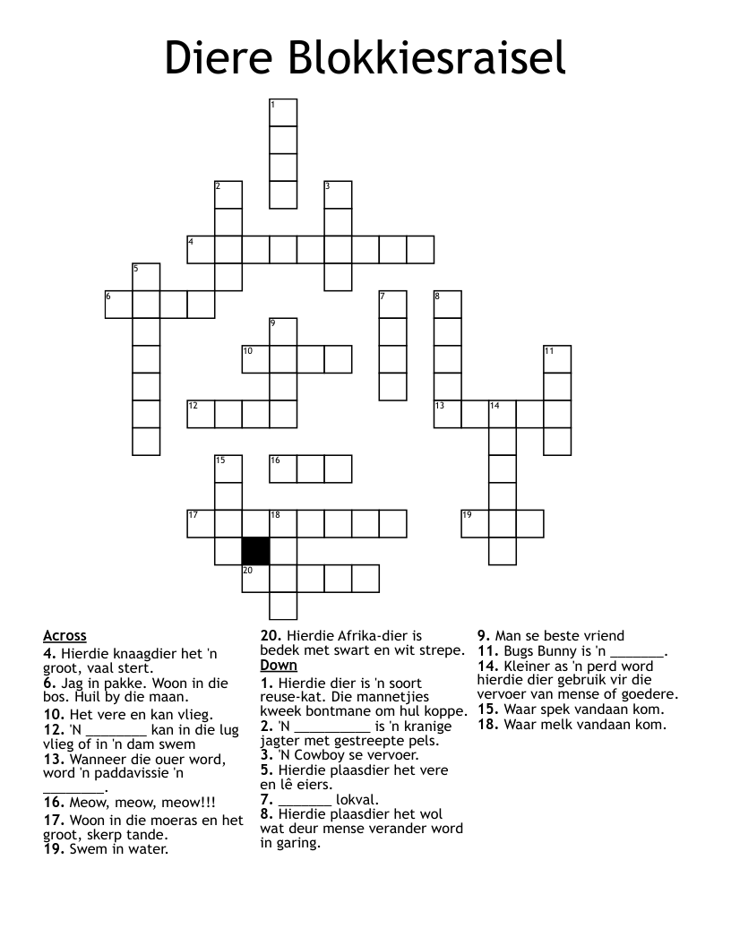 Diere Blokkiesraisel Crossword