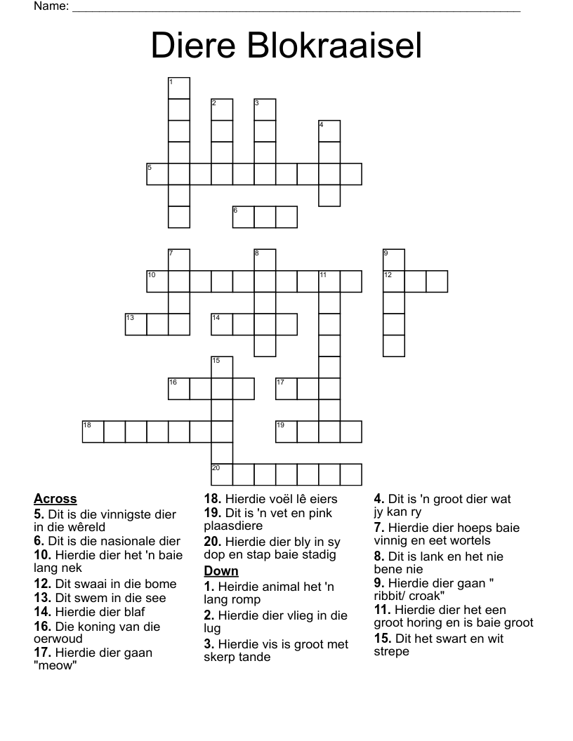 Diere Blokraaisel Crossword