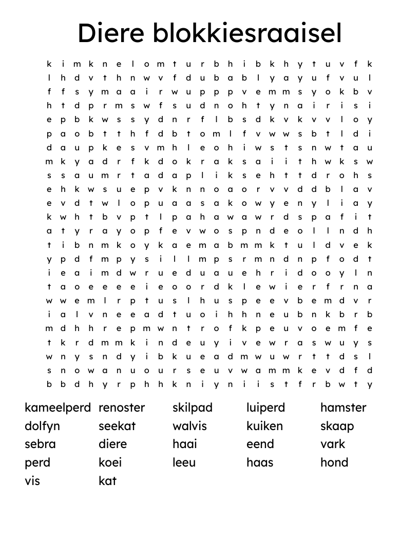 Diere blokkiesraaisel Word Search