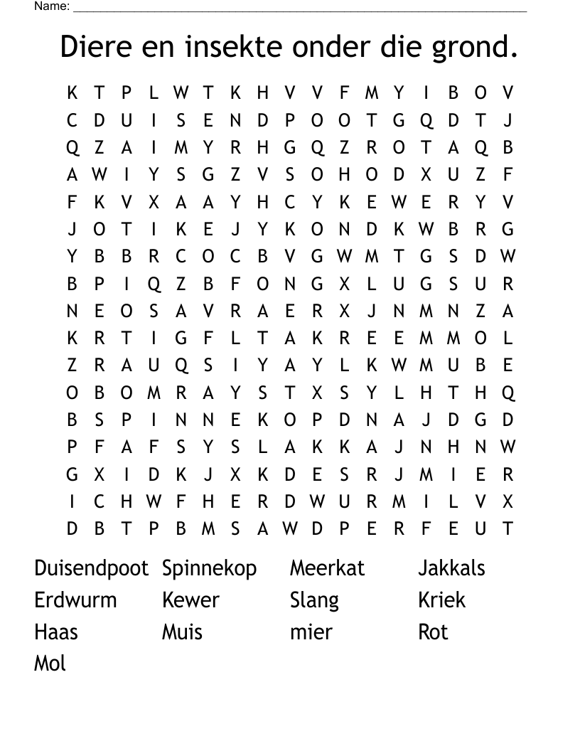 Diere en insekte onder die grond. Word Search