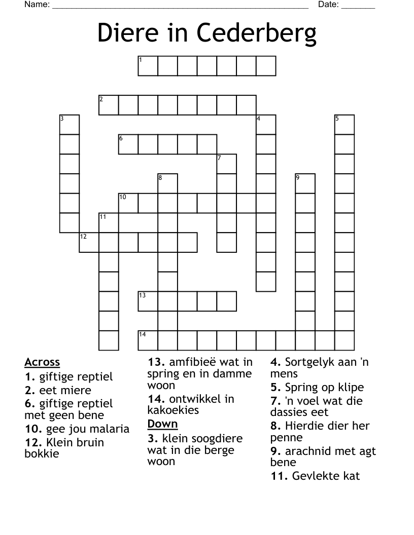 Diere in Cederberg Crossword