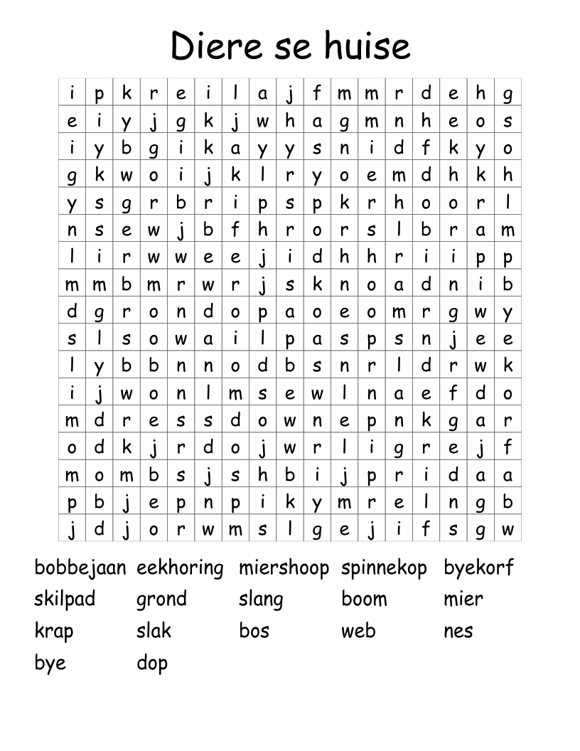 Diere se huise Word Search