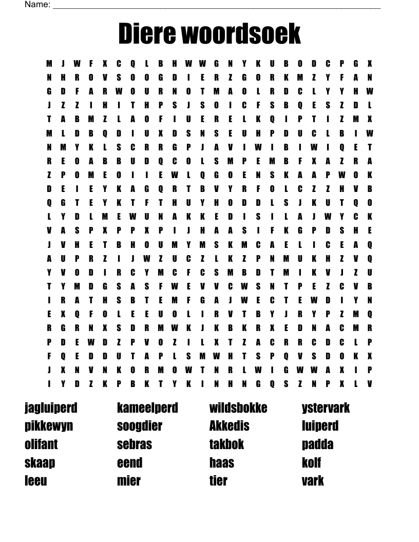 Diere woordsoek  Word Search