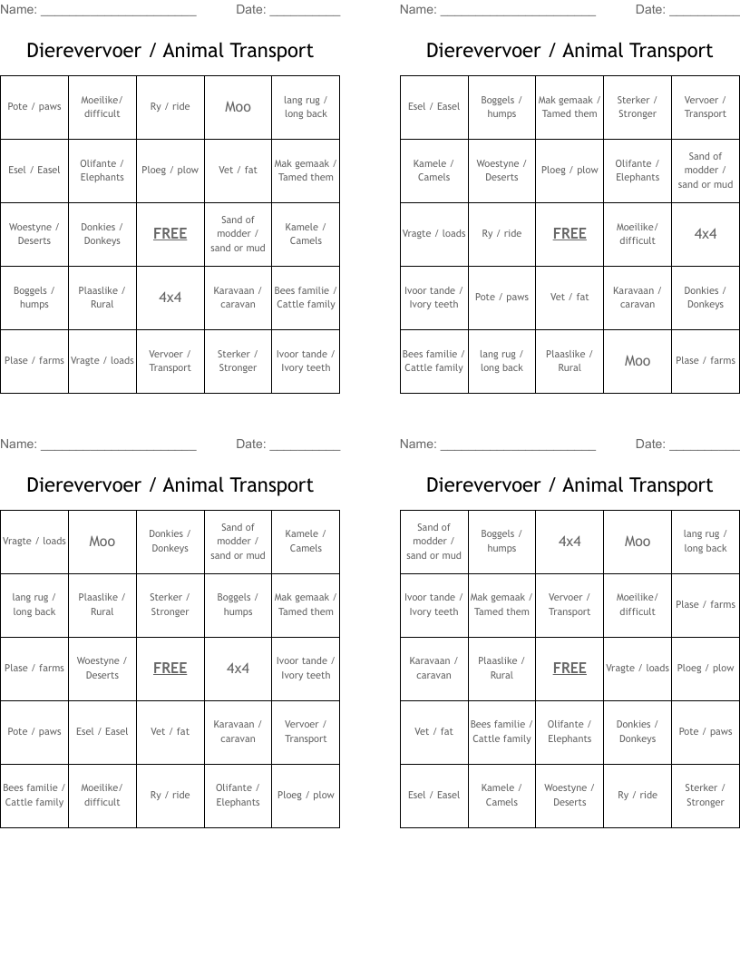 Dierevervoer / Animal Transport Bingo Cards