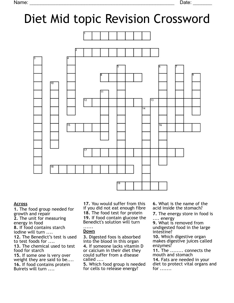 Diet Mid topic Revision Crossword