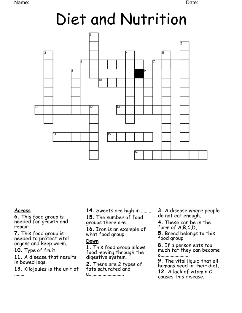 Diet and Nutrition Crossword