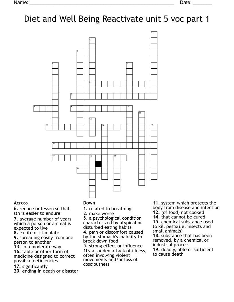 Diet and Well Being Reactivate unit 5 voc part 1 Crossword