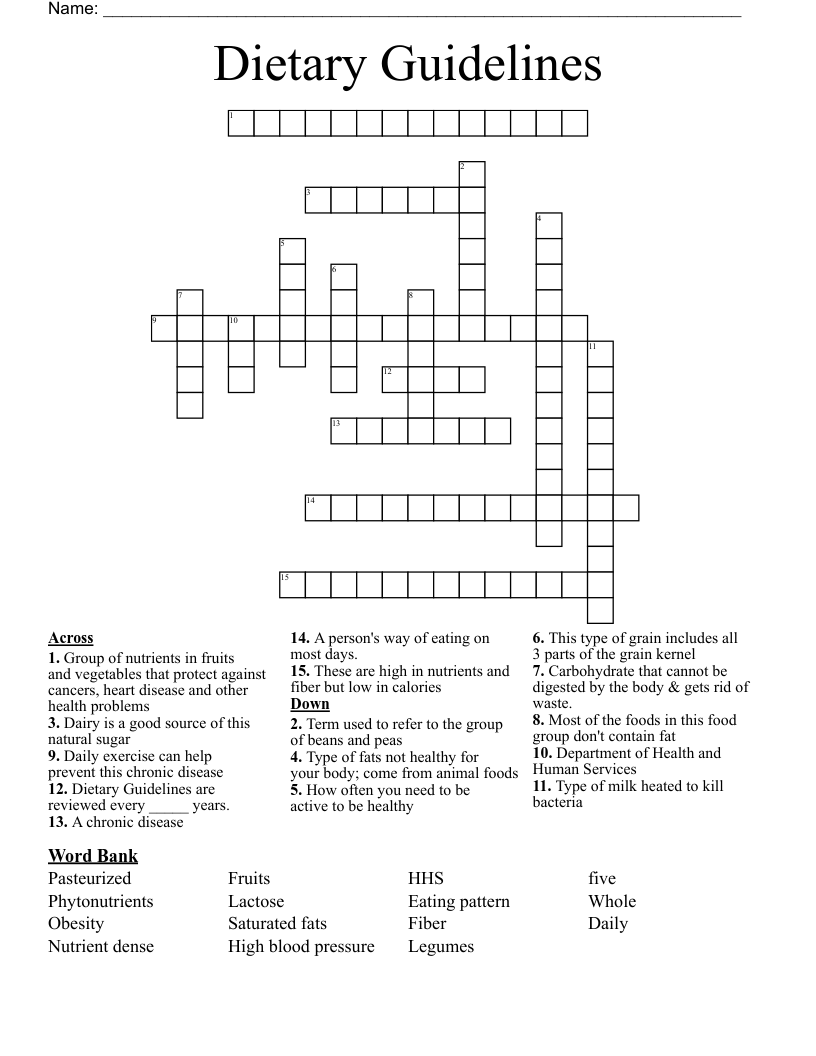 Dietary Guidelines Crossword