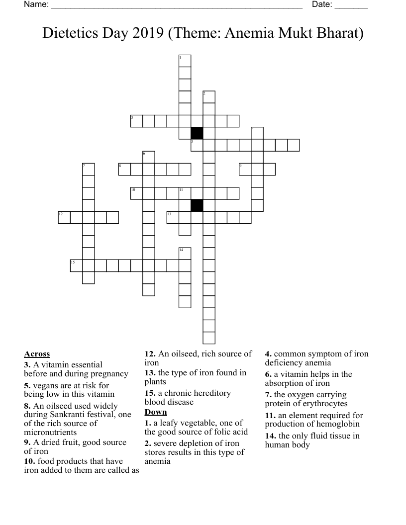 Dietetics Day 2019 (Theme: Anemia Mukt Bharat) Crossword