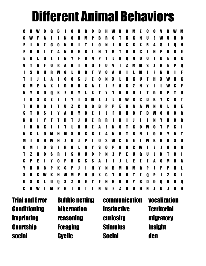 Different Animal Behaviors Word Search