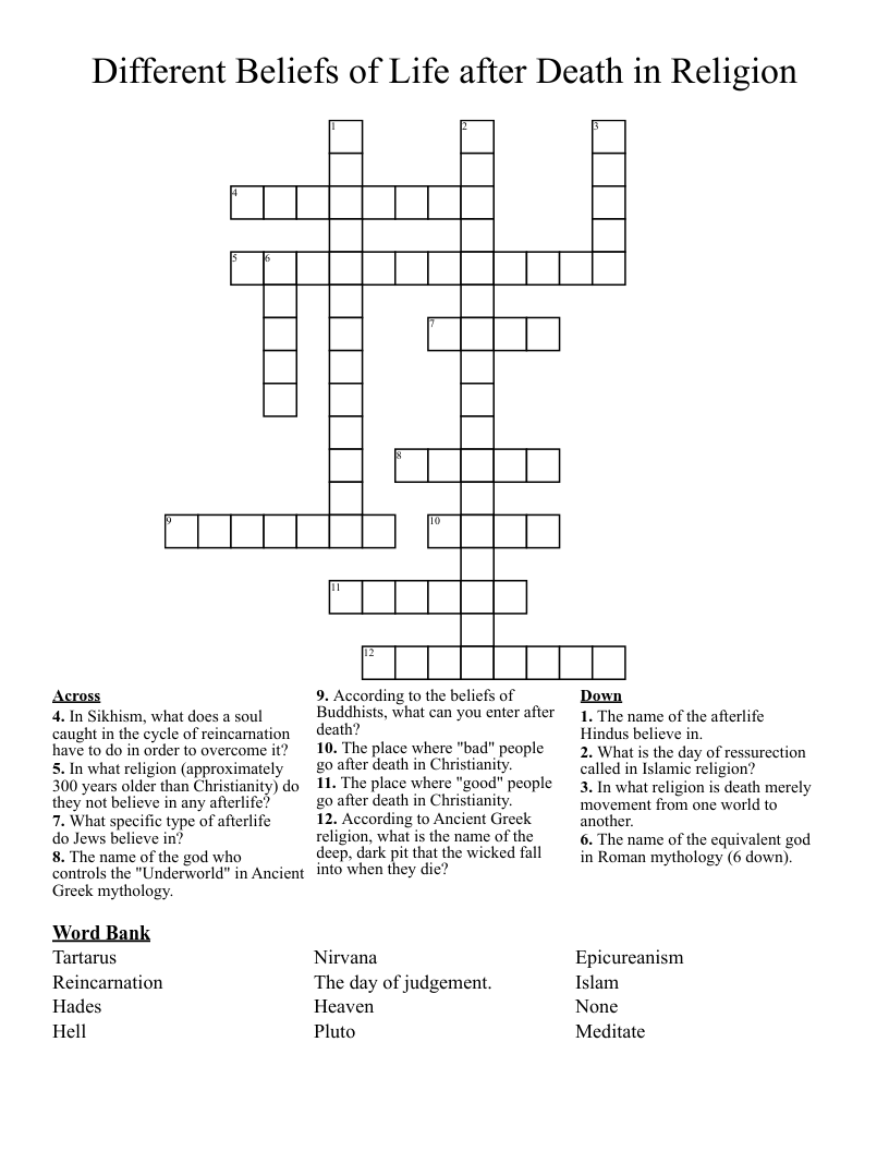 Different Beliefs of Life after Death in Religion Crossword
