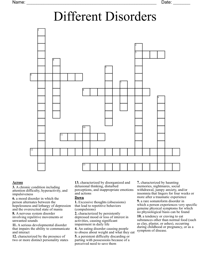 Different Disorders Crossword
