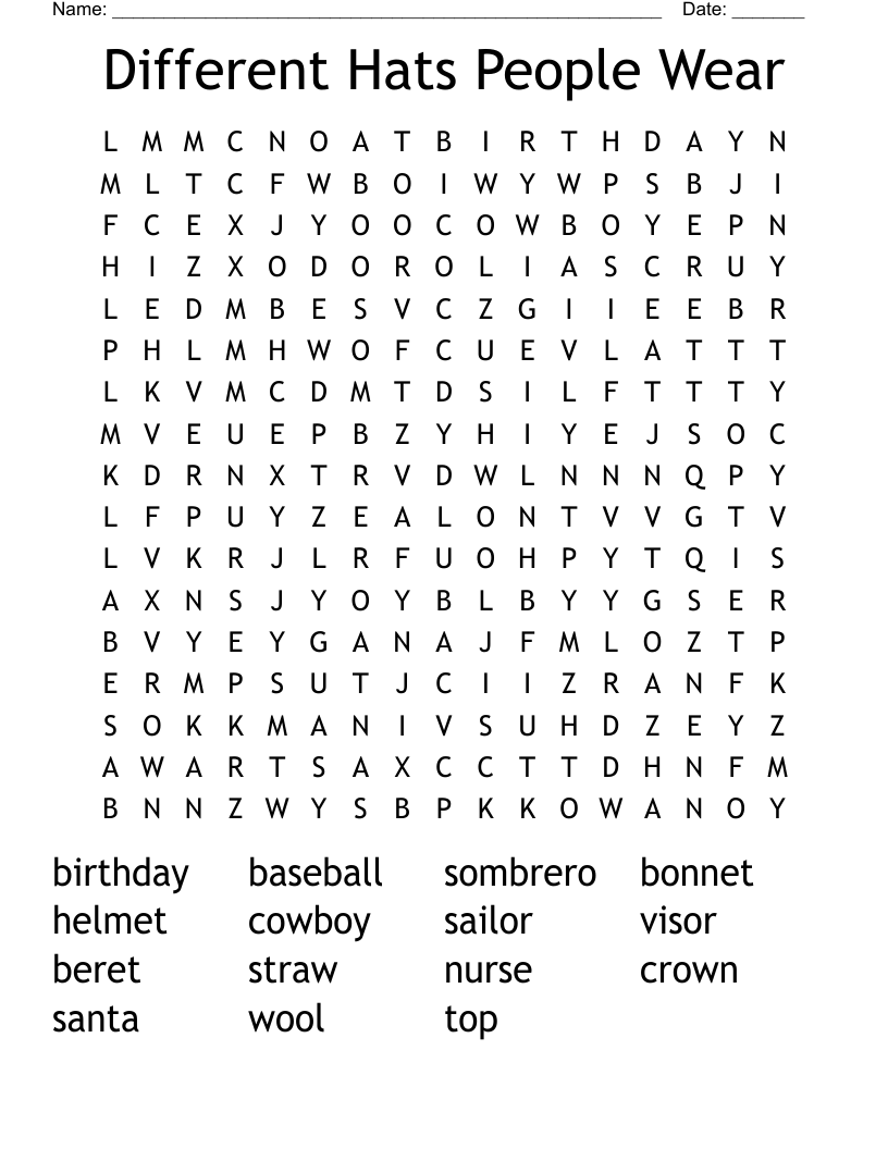 Different Hats People Wear Word Search