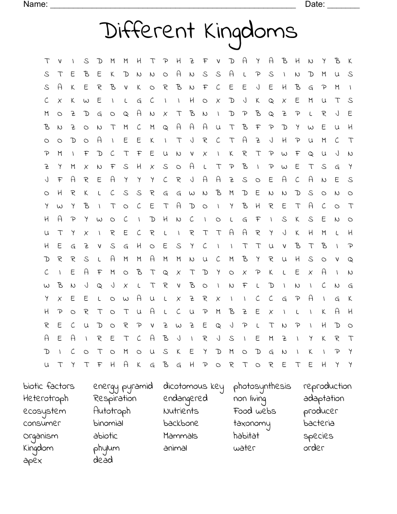 Different Kingdoms Word Search