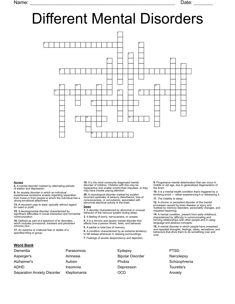 Different Mental Disorders Crossword
