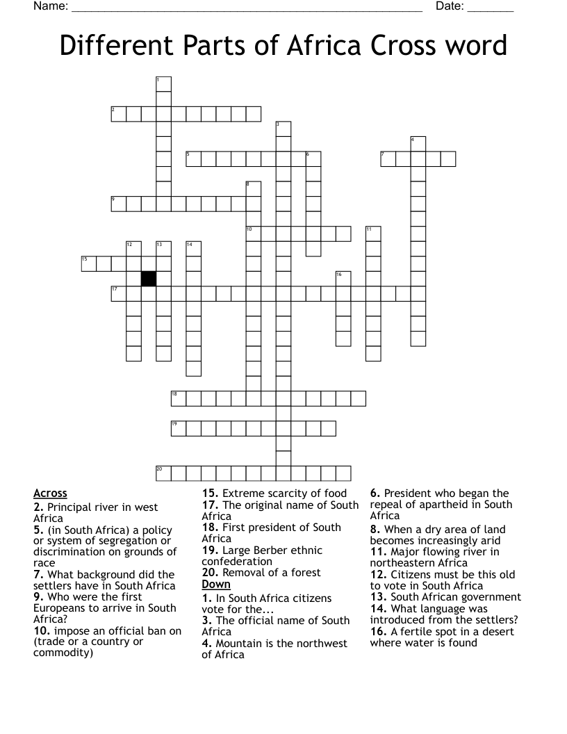 Different Parts of Africa Cross word