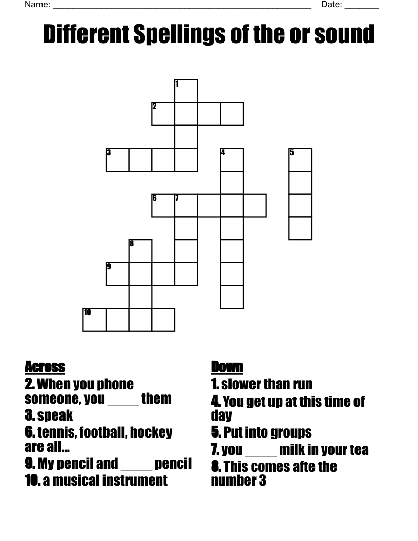 Different Spellings of the or sound Crossword