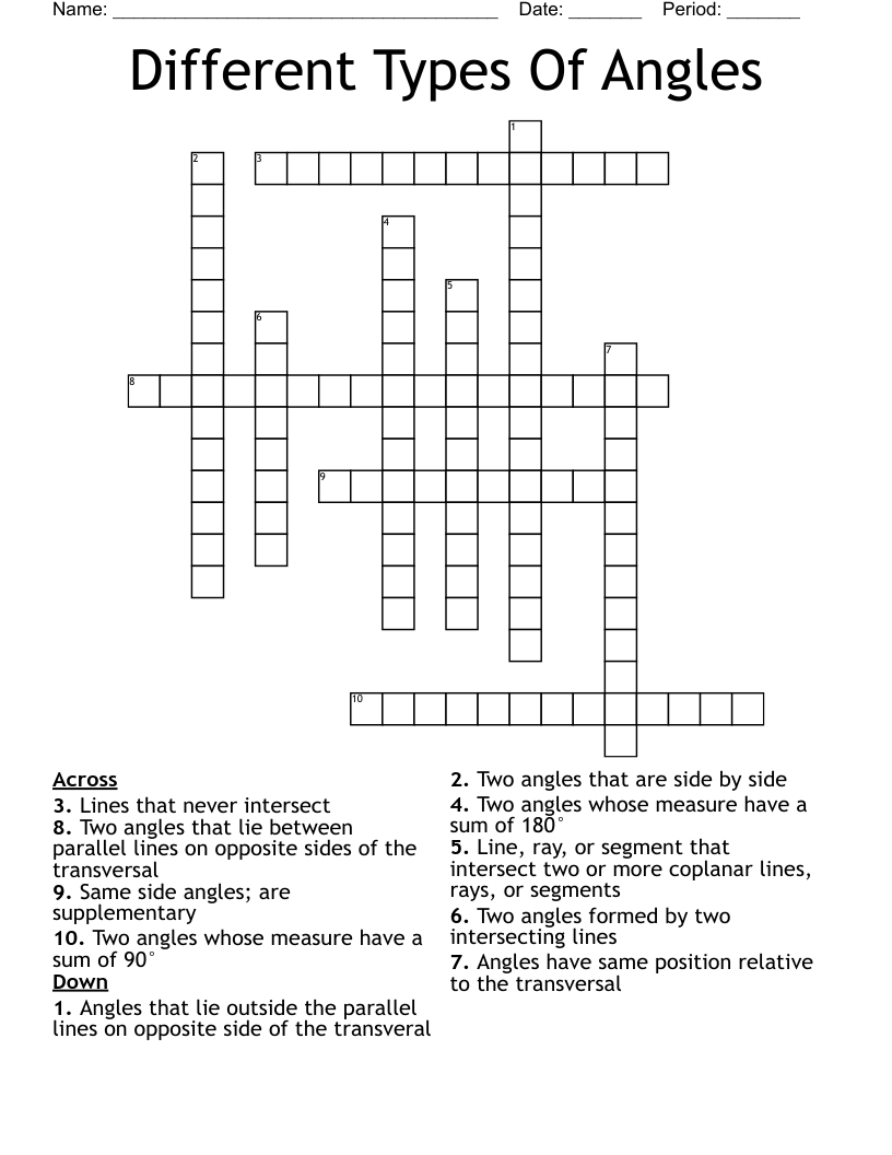 Different Types Of Angles  Crossword