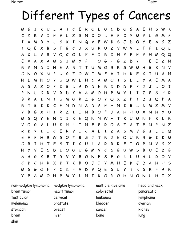 Different Types of Cancers  Word Search