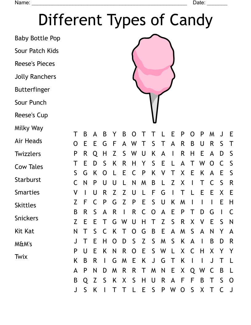 Different Types of Candy Word Search