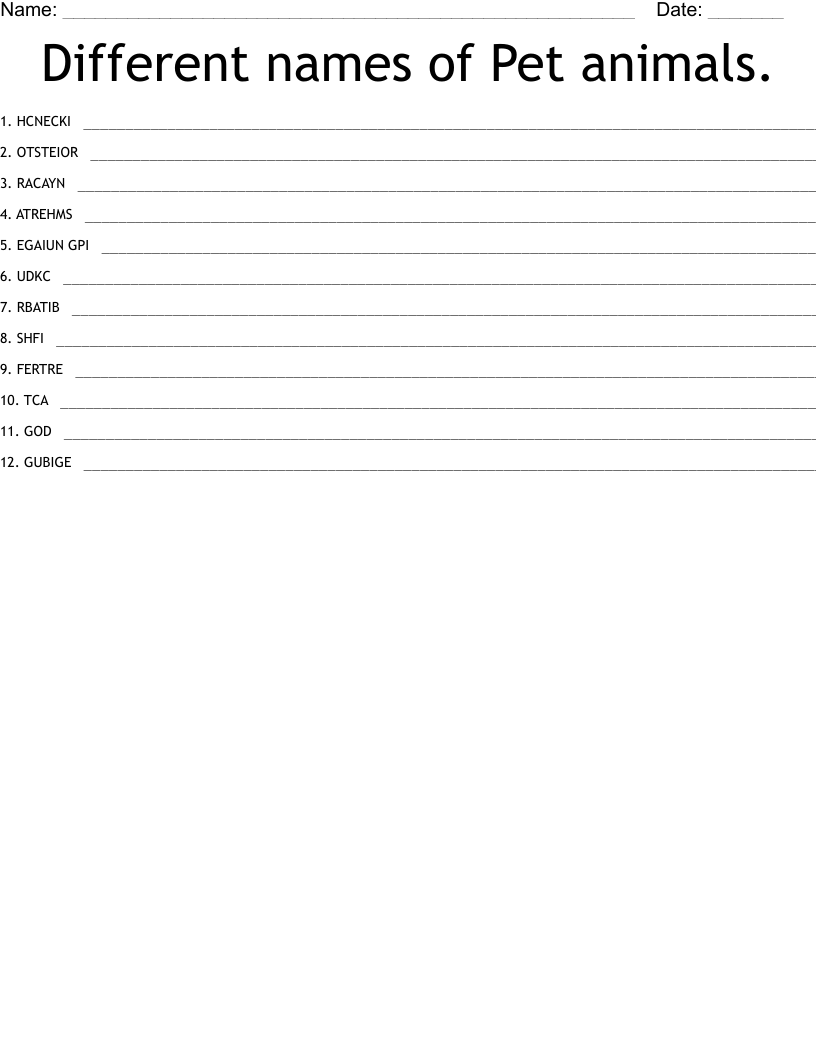 Different names of Pet animals. Word Scramble