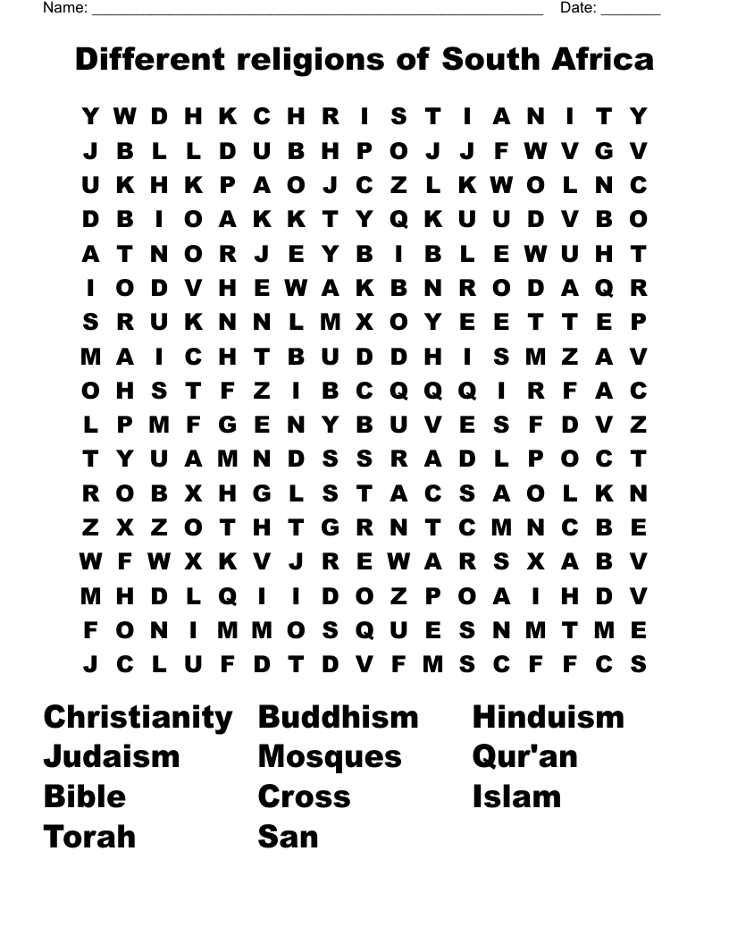 Different religions of South Africa Word Search