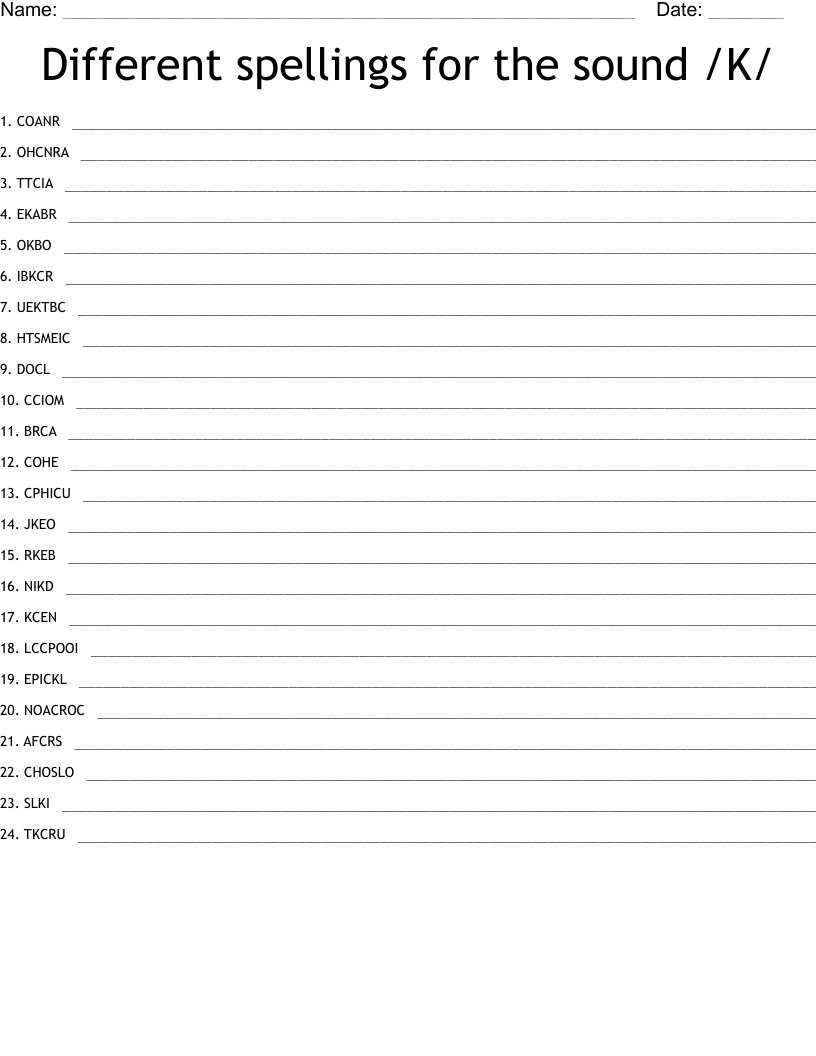 Different spellings for the sound /K/ Word Scramble