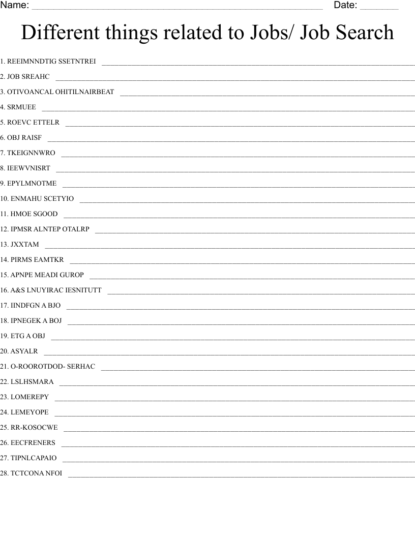 Different things related to Jobs/ Job Search Word Scramble