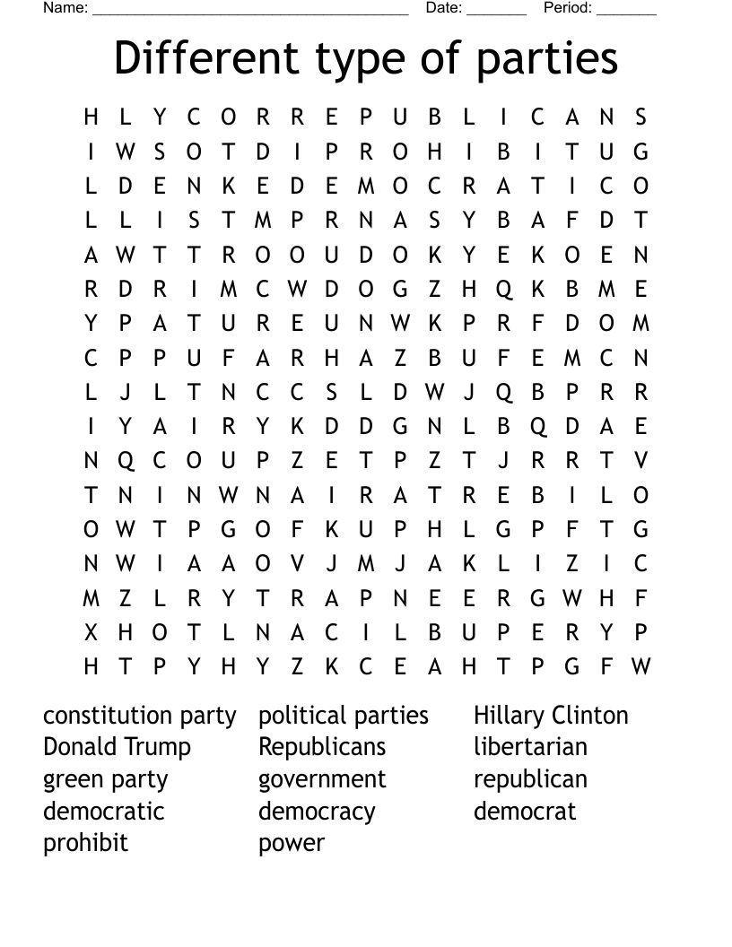 Different type of parties Word Search