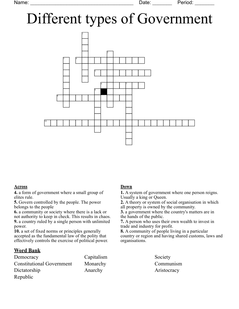 Different types of Government  Crossword