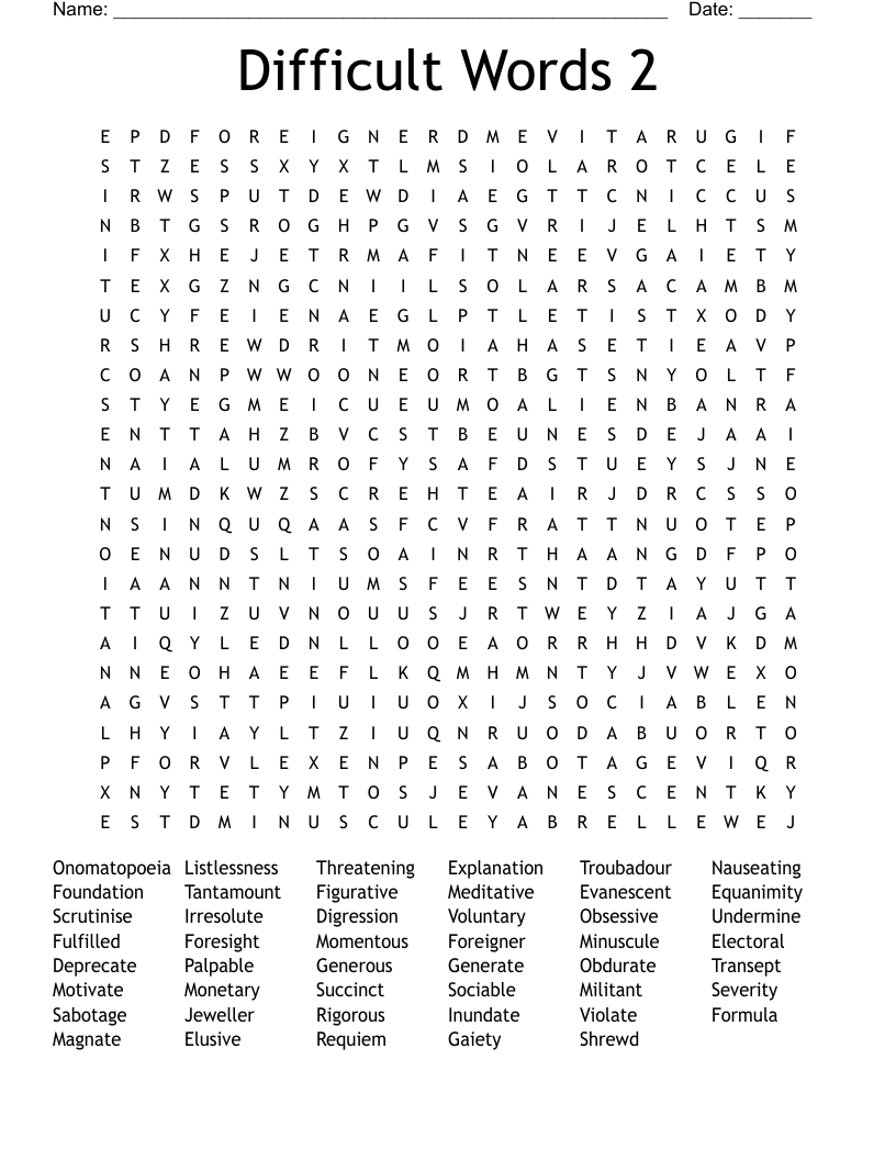 Difficult Words 2 Word Search