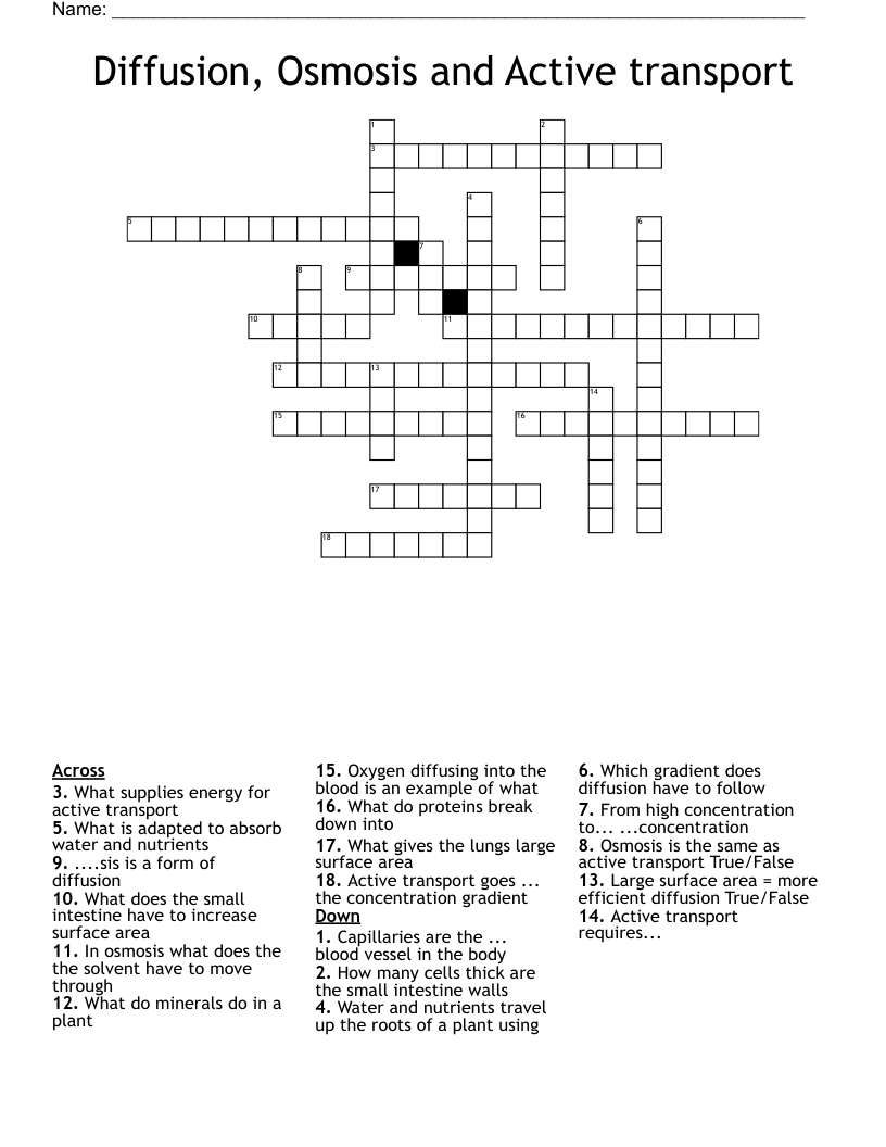 Diffusion, Osmosis and Active transport Crossword