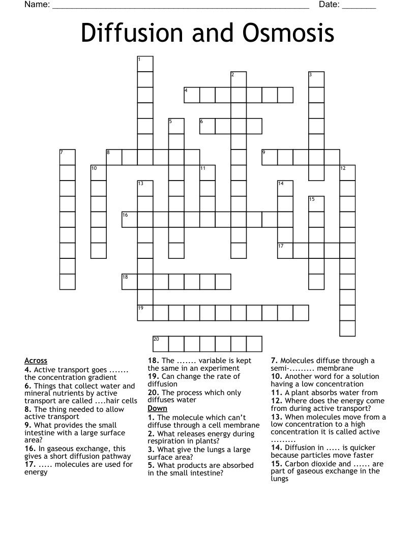 Diffusion and Osmosis Crossword