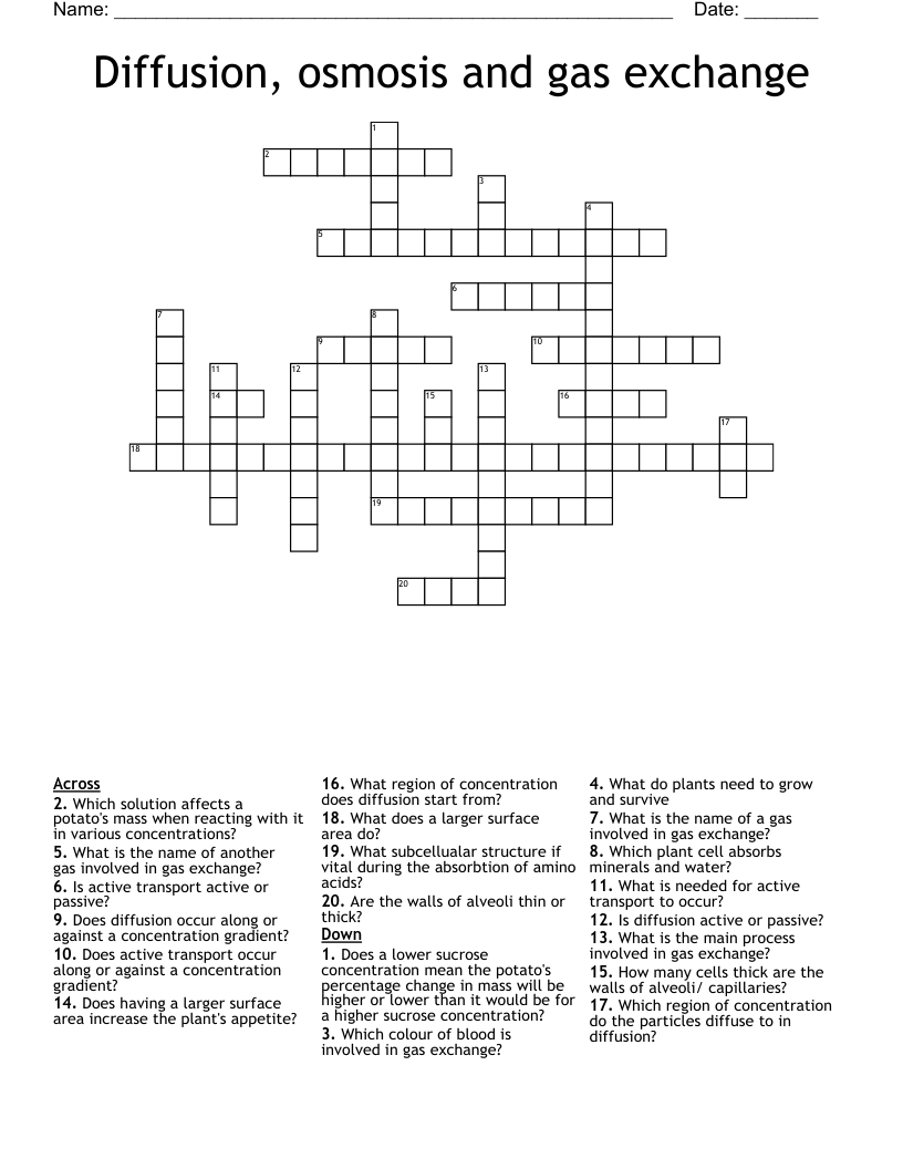 Diffusion, osmosis and gas exchange Crossword
