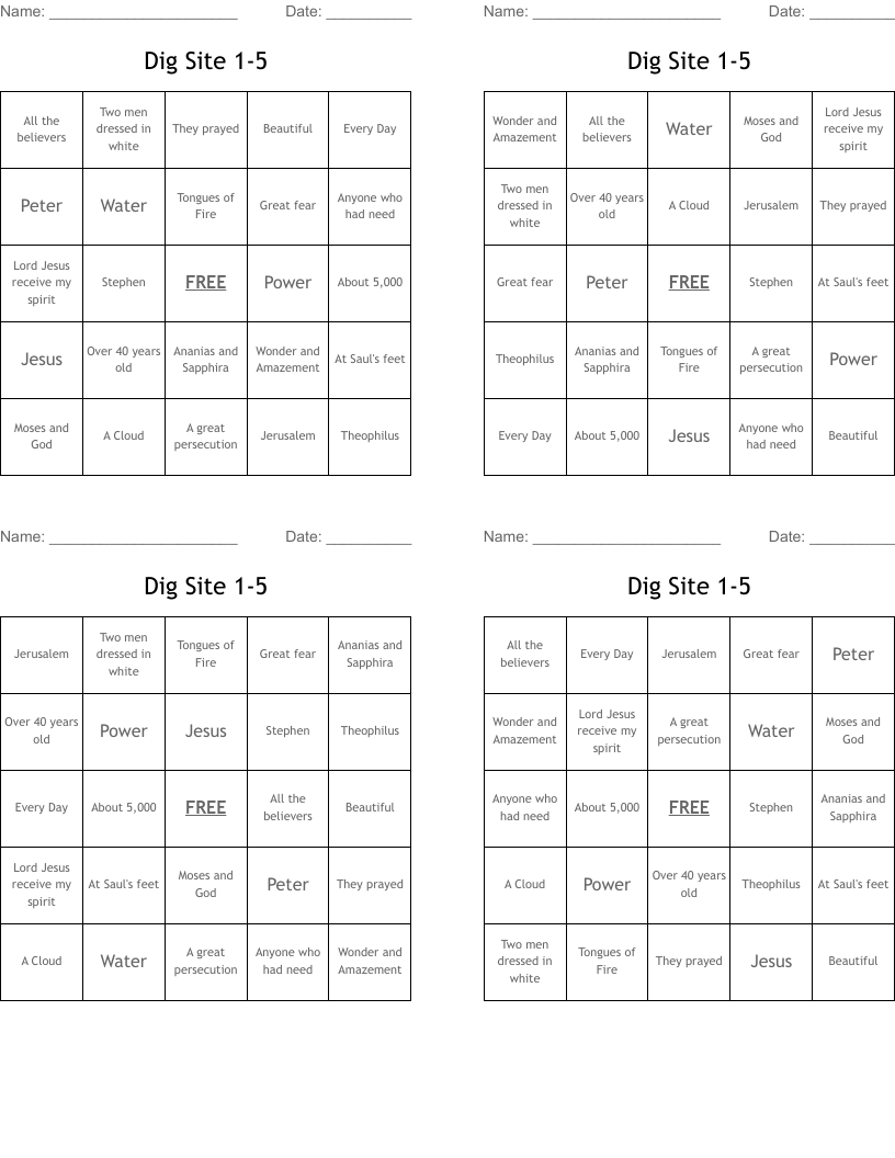 Dig Site 1-5 Bingo Cards