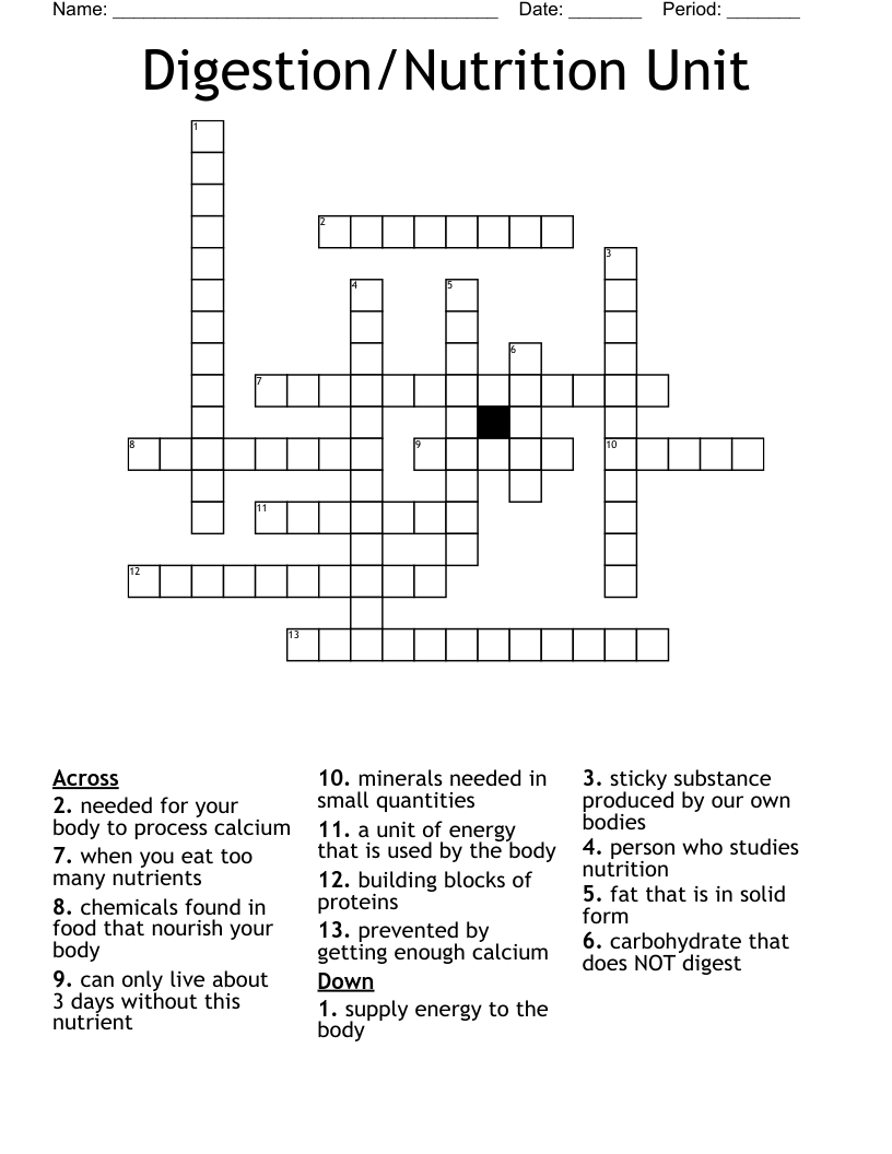 Digestion/Nutrition Unit Crossword